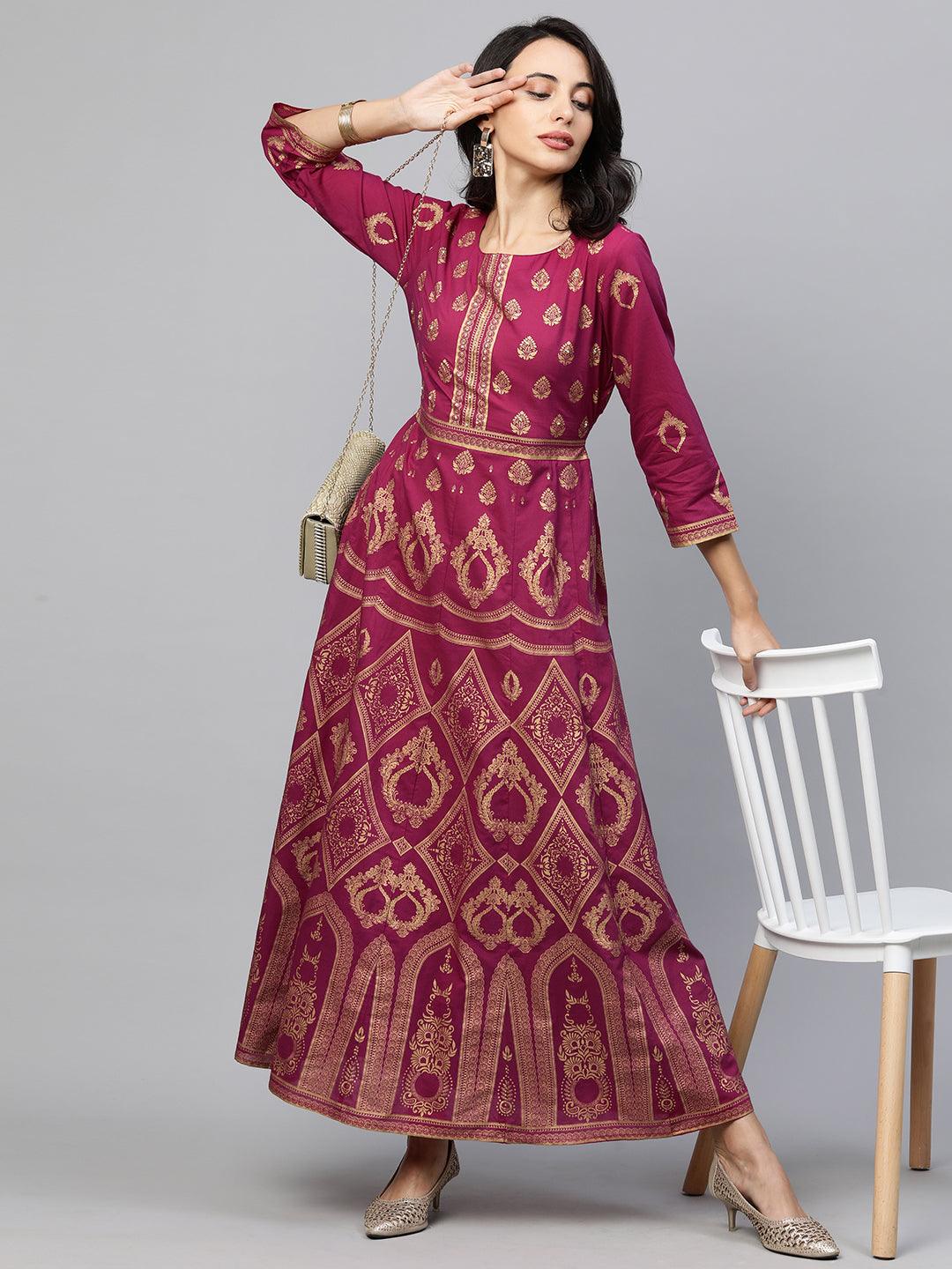 Ethnic Foil Printed Maxi Dress - Fuchsia Pink - Indiakreations