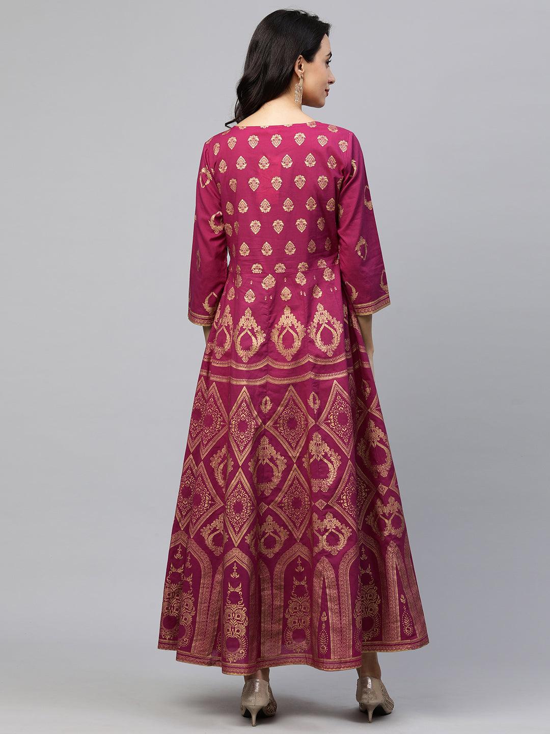 Ethnic Foil Printed Maxi Dress - Fuchsia Pink - Indiakreations