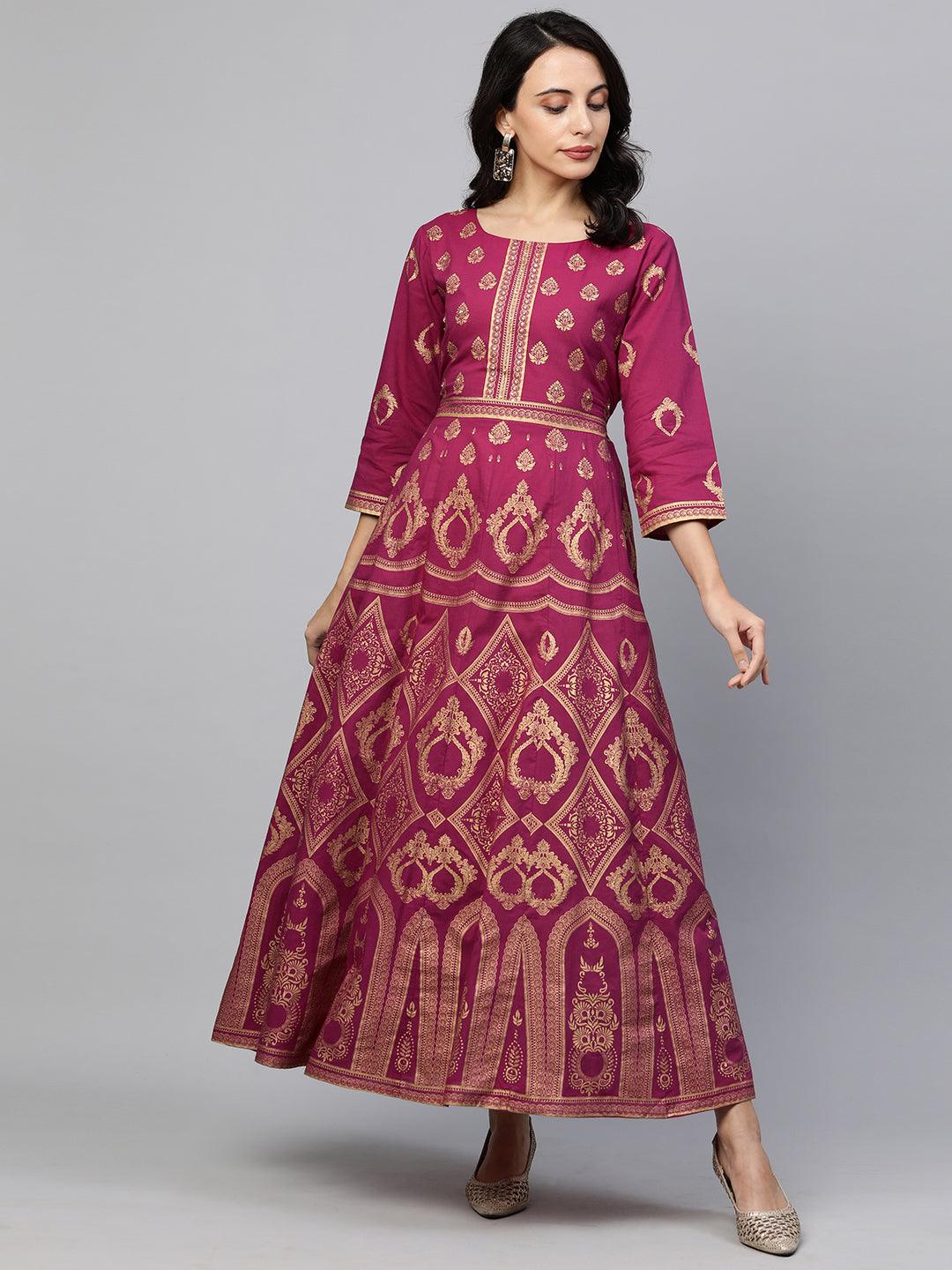 Ethnic Foil Printed Maxi Dress - Fuchsia Pink - Indiakreations