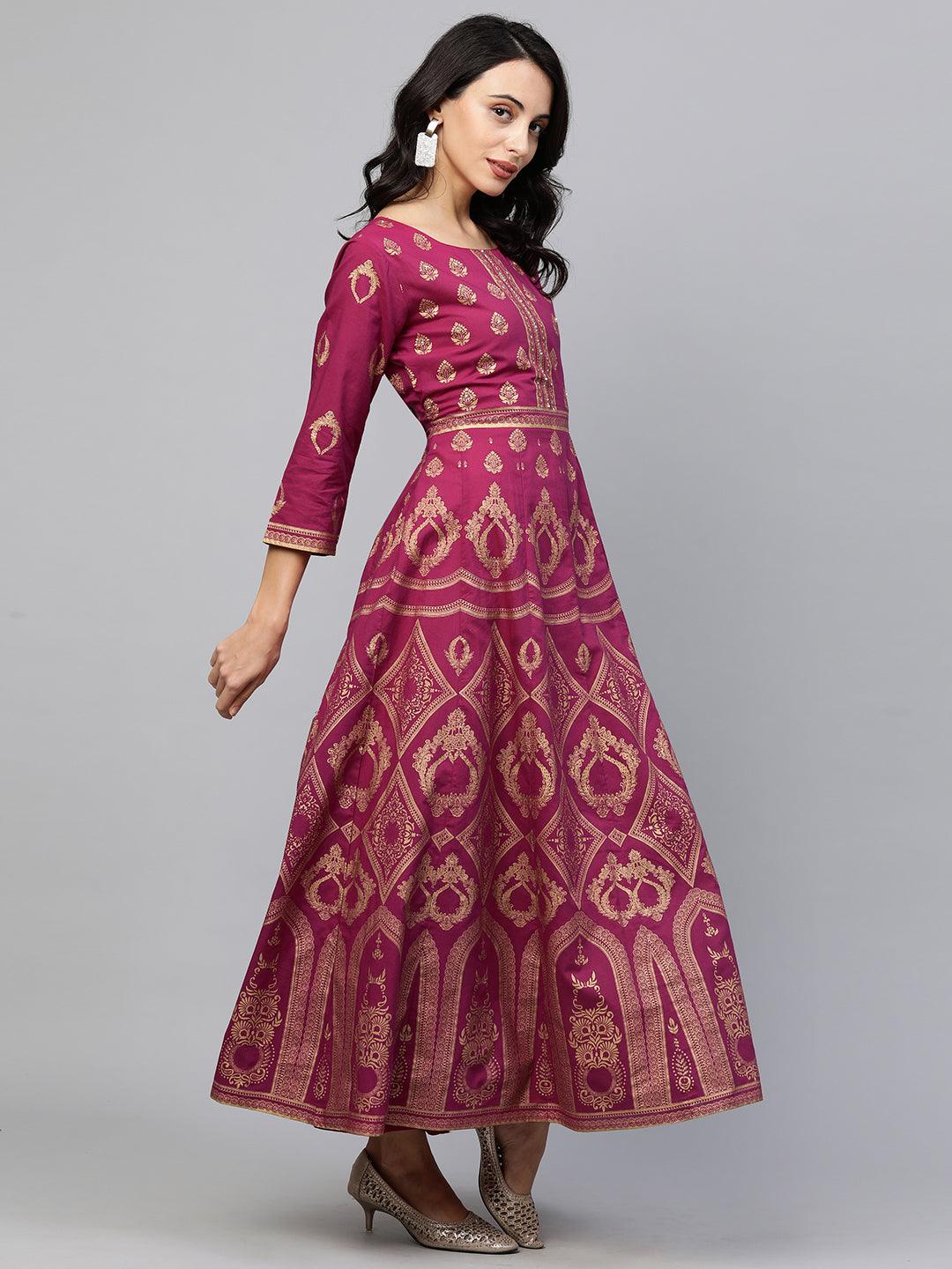 Ethnic Foil Printed Maxi Dress - Fuchsia Pink - Indiakreations