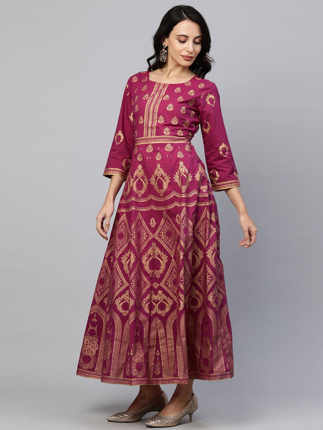 Ethnic Foil Printed Maxi Dress - Fuchsia Pink - Indiakreations