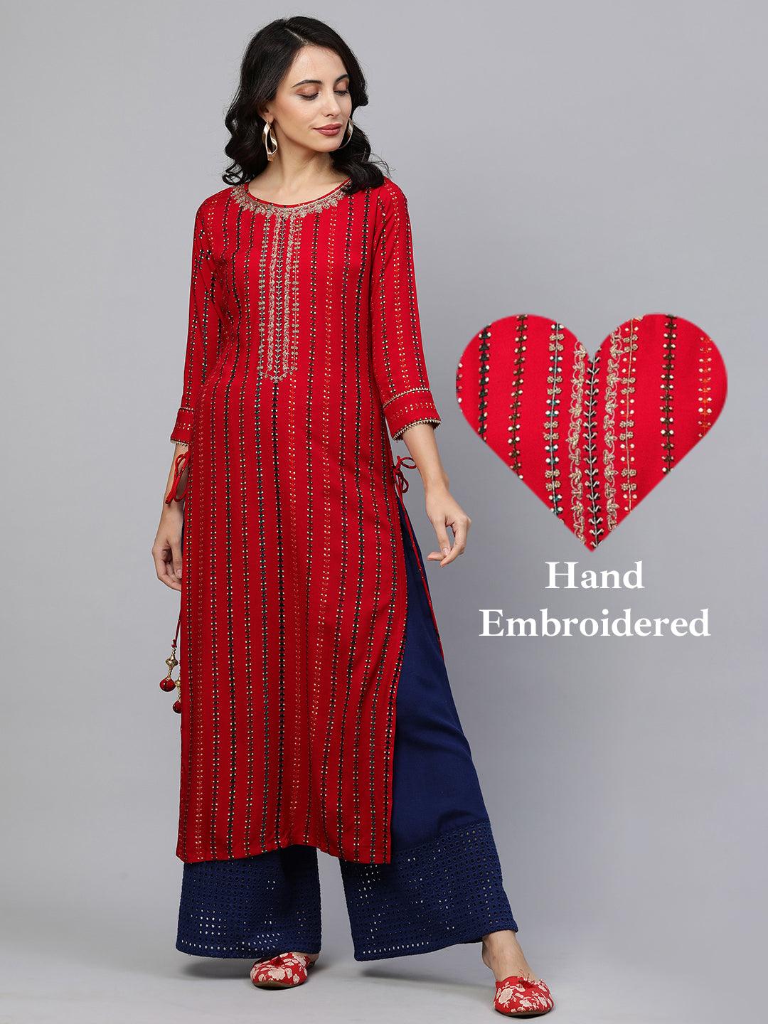 Ethnic Printed & Hand Embroidered Straight Kurta - Red - Indiakreations