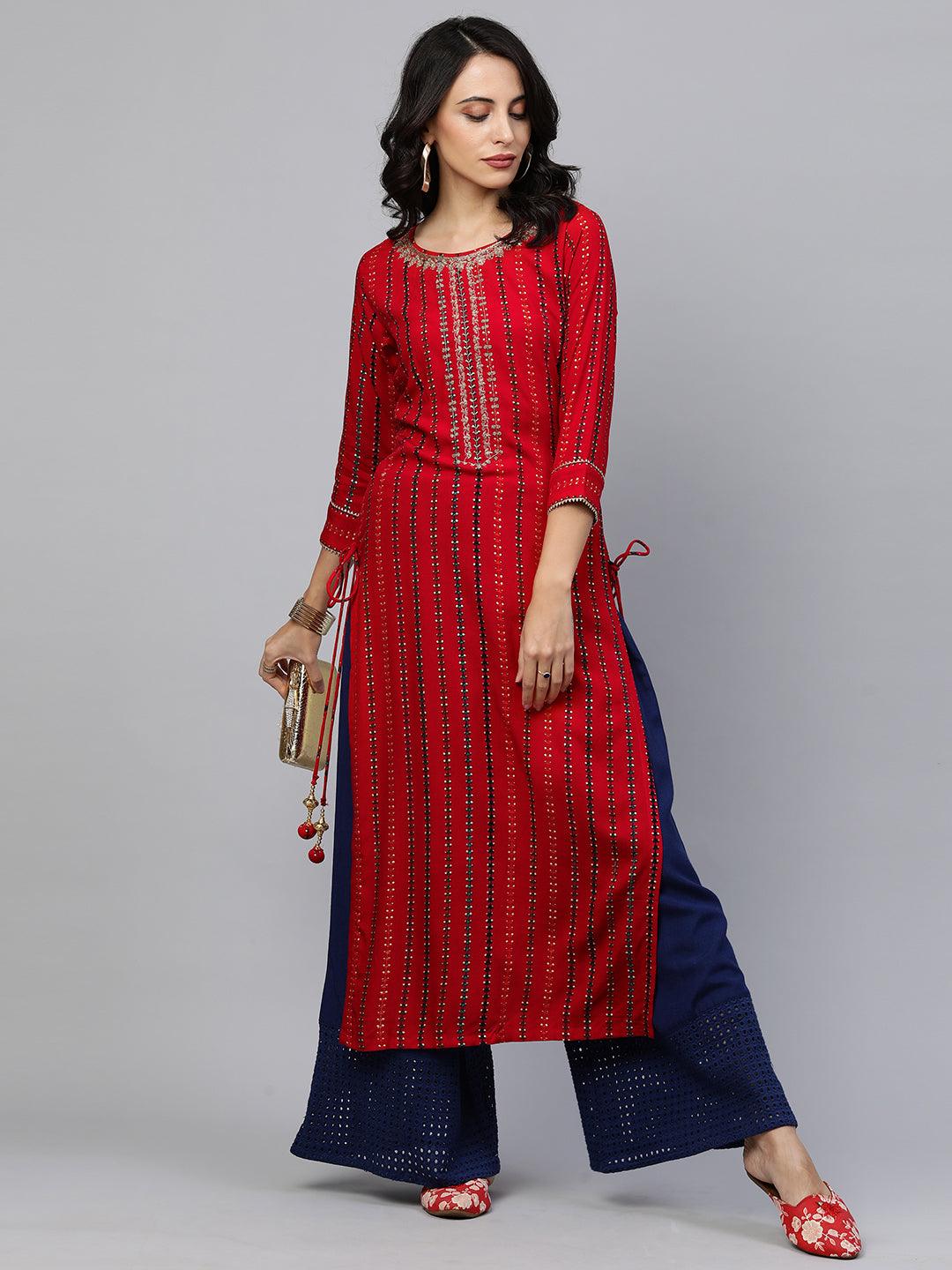 Ethnic Printed & Hand Embroidered Straight Kurta - Red - Indiakreations