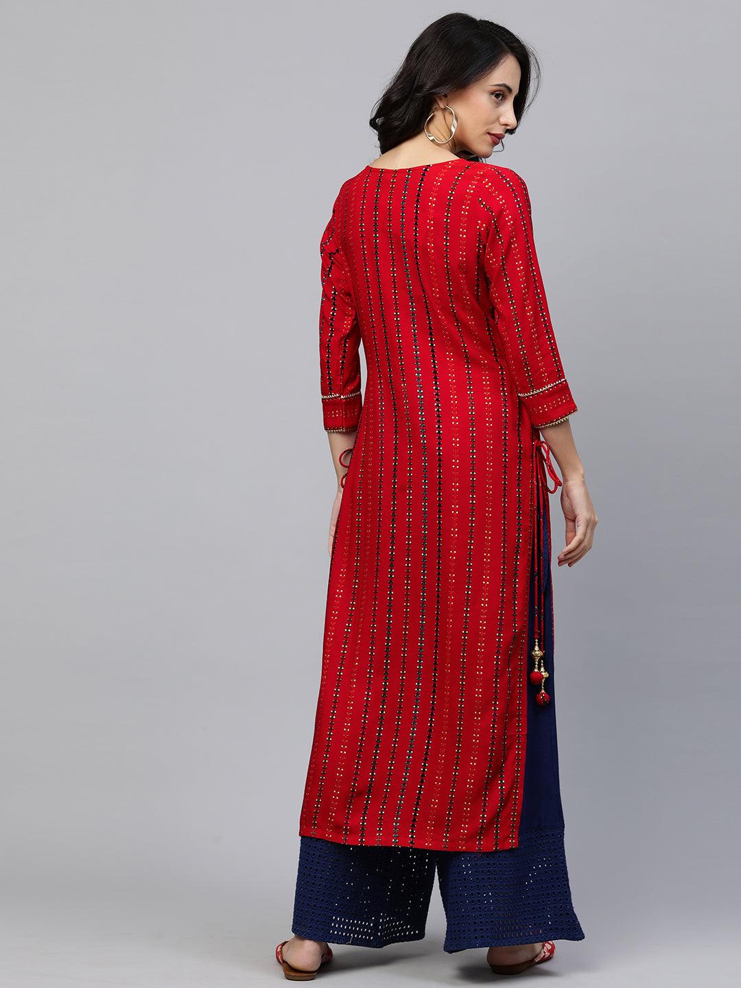 Ethnic Printed & Hand Embroidered Straight Kurta - Red - Indiakreations