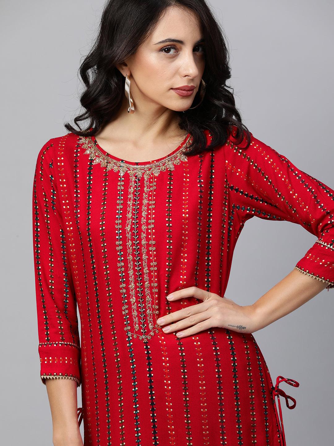 Ethnic Printed & Hand Embroidered Straight Kurta - Red - Indiakreations