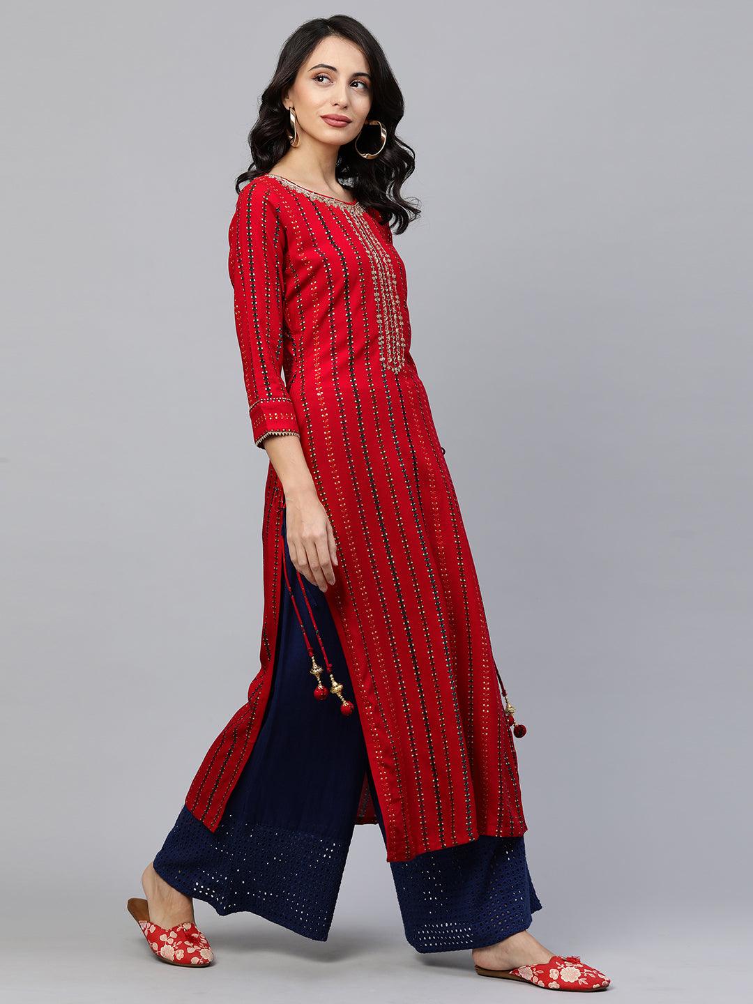 Ethnic Printed & Hand Embroidered Straight Kurta - Red - Indiakreations