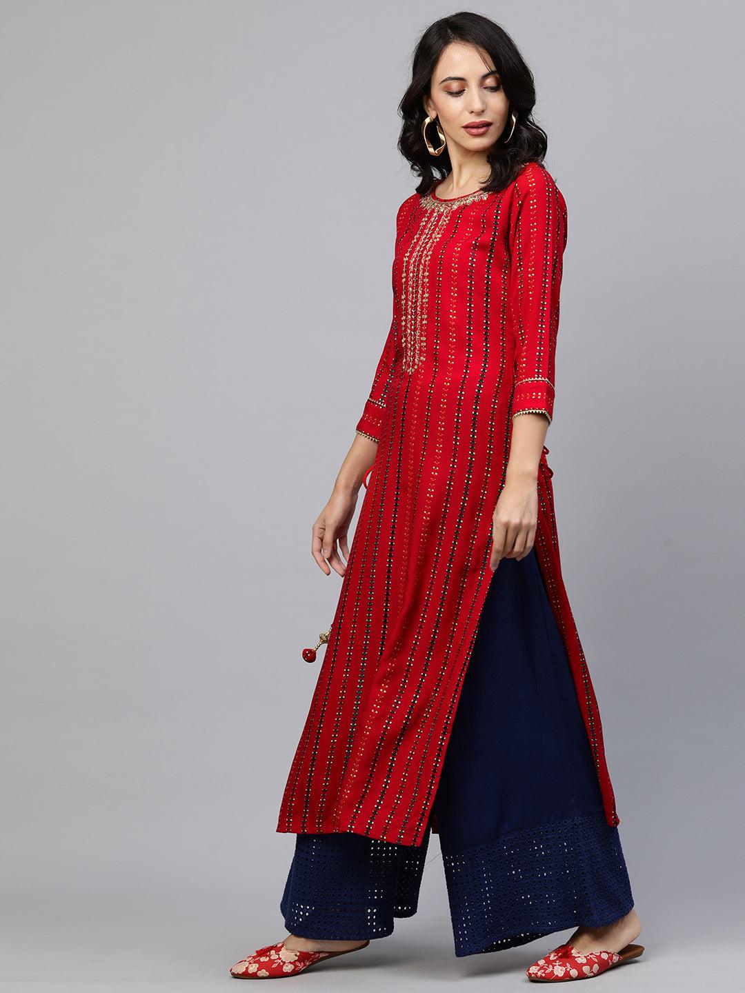 Ethnic Printed & Hand Embroidered Straight Kurta - Red - Indiakreations