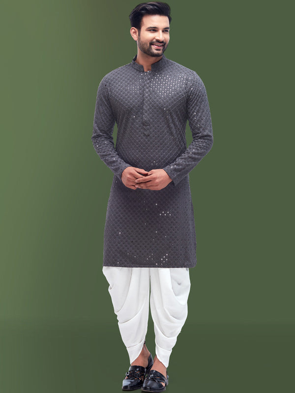 Dark Grey Men's Kurta in Cotton Silk Adorned with Threadwork