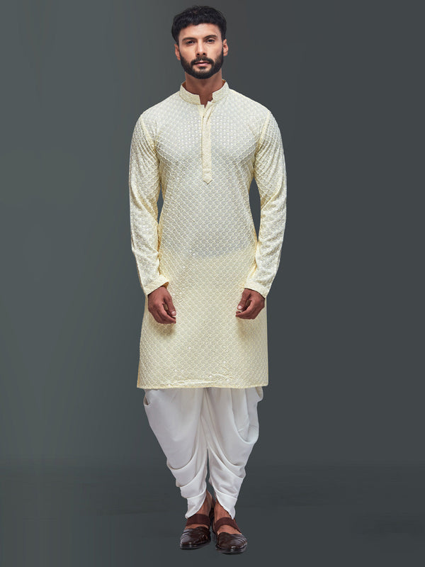 Men Light Yellow Embroidered Work Cotton Silk Kurta