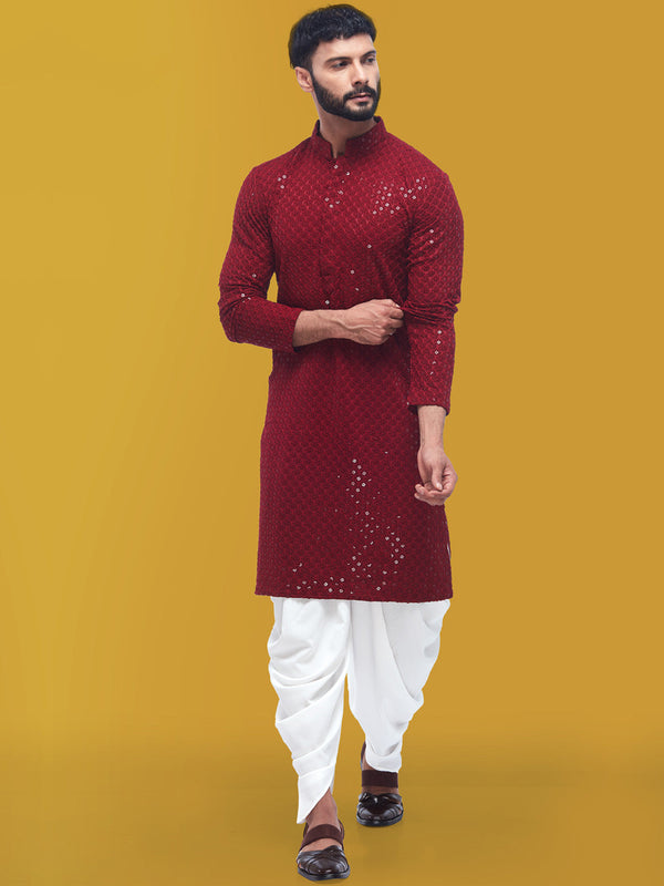 Men Deep Red Geometric Embroidered Straight Kurta