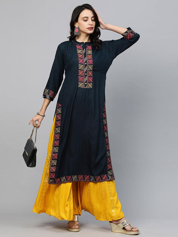 Ethnic Hand Embellished Straight Kurta - Navy Blue - Indiakreations