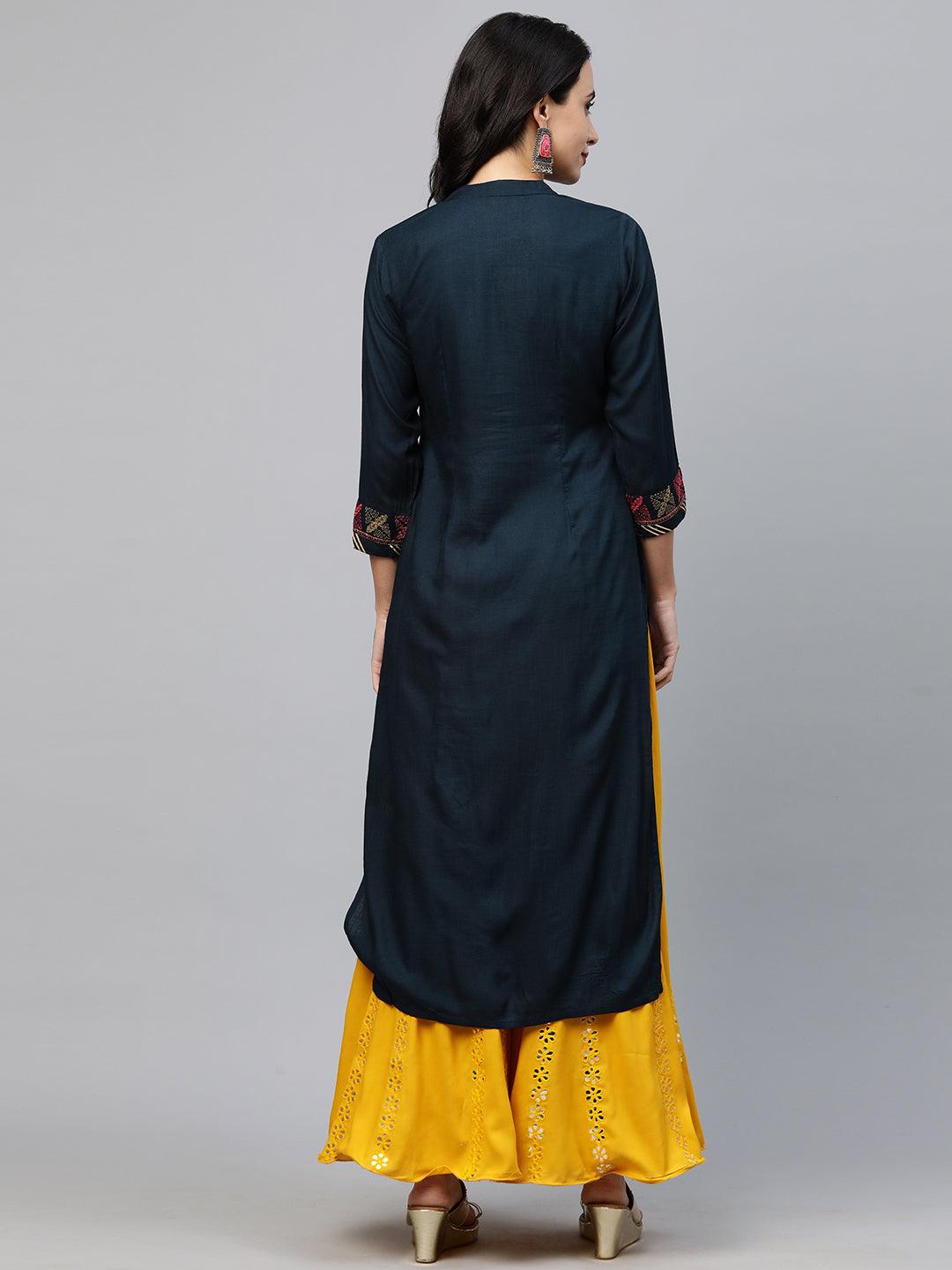 Ethnic Hand Embellished Straight Kurta - Navy Blue - Indiakreations