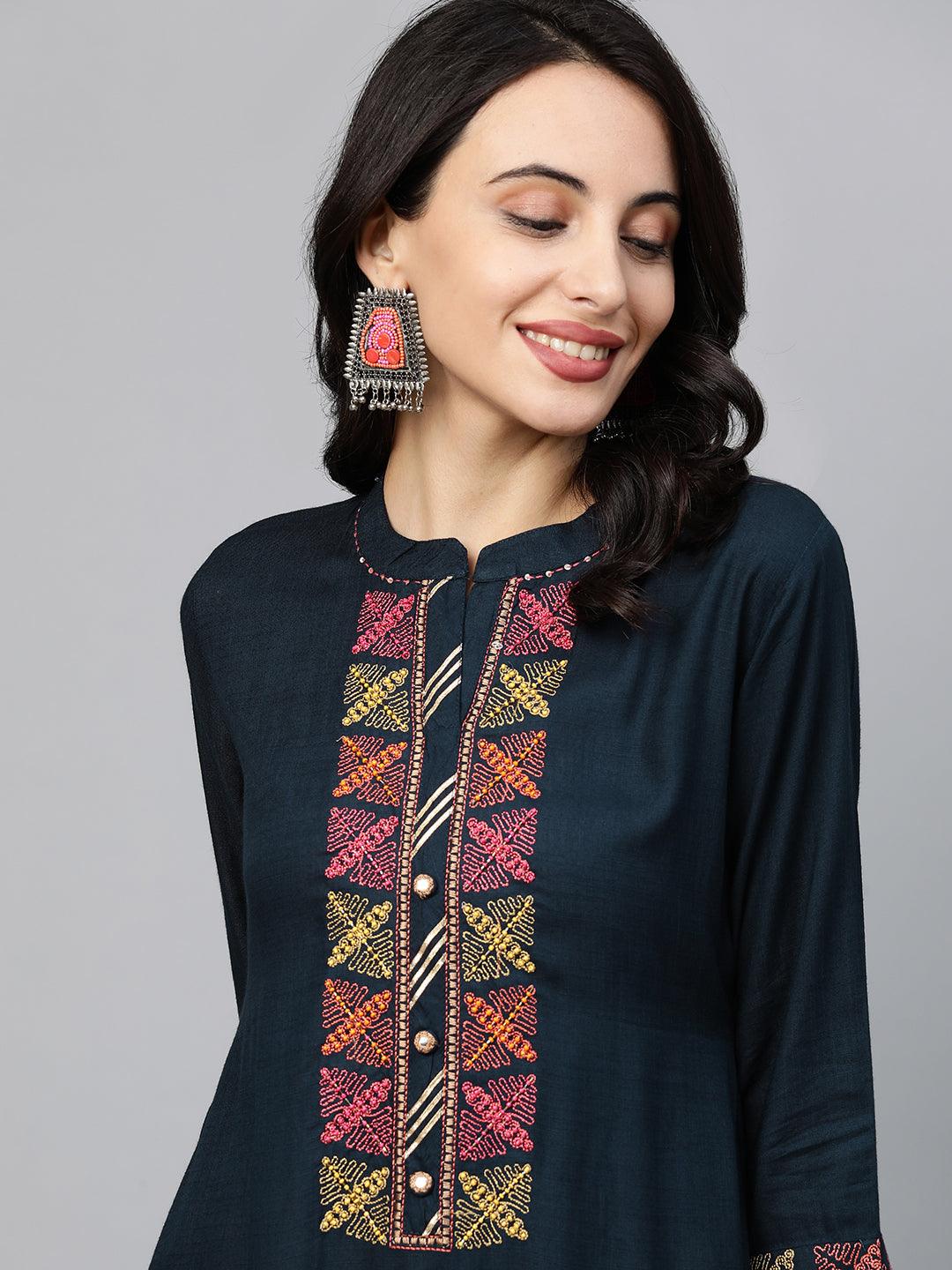 Ethnic Hand Embellished Straight Kurta - Navy Blue - Indiakreations