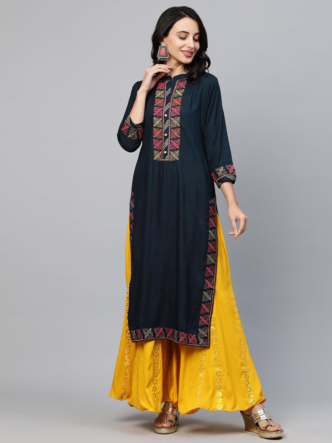 Ethnic Hand Embellished Straight Kurta - Navy Blue - Indiakreations