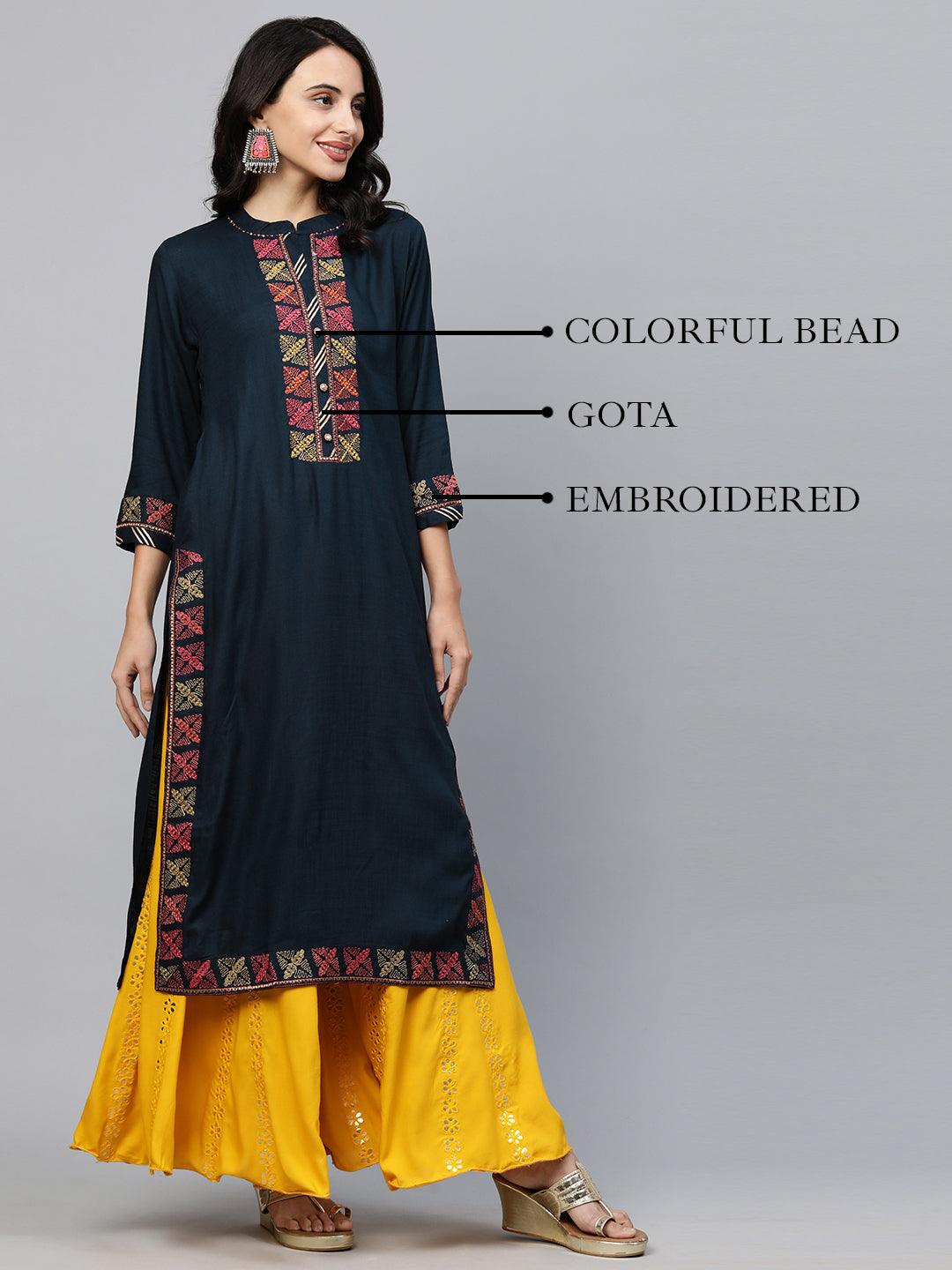 Ethnic Hand Embellished Straight Kurta - Navy Blue - Indiakreations