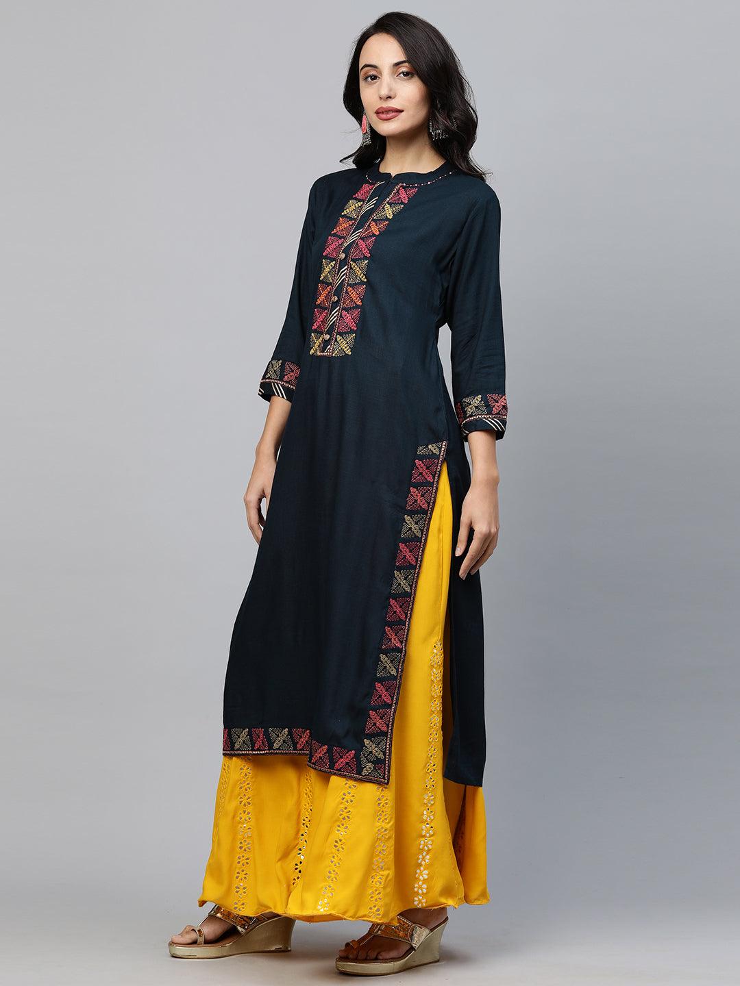 Ethnic Hand Embellished Straight Kurta - Navy Blue - Indiakreations