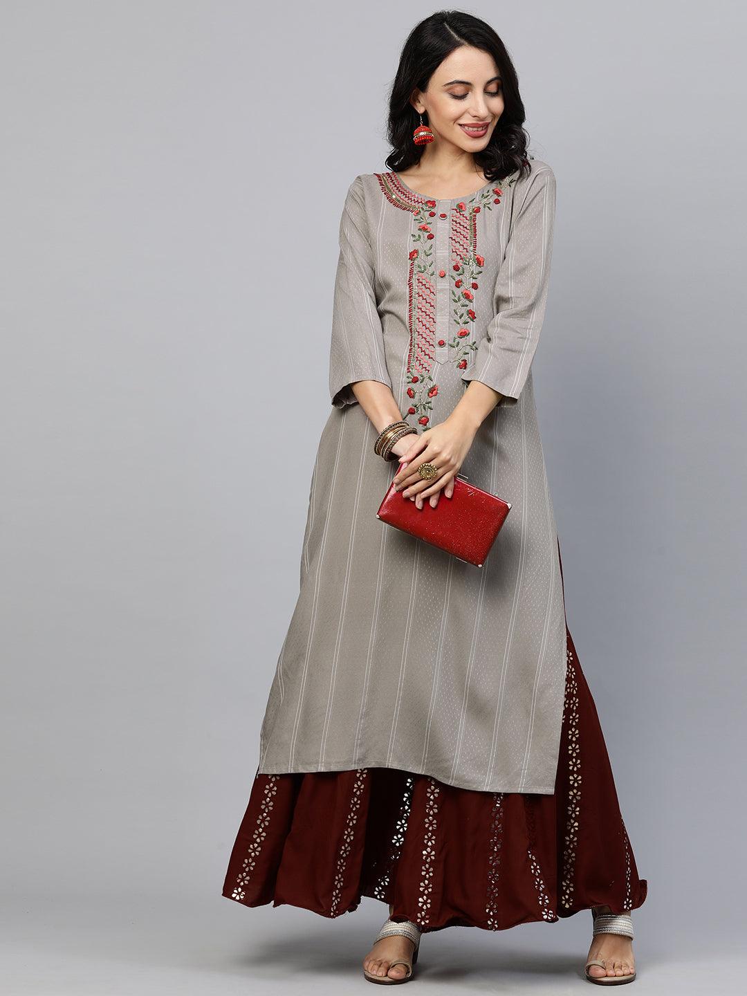 Floral Hand Embroidered Straight Kurta - Stone Grey - Indiakreations