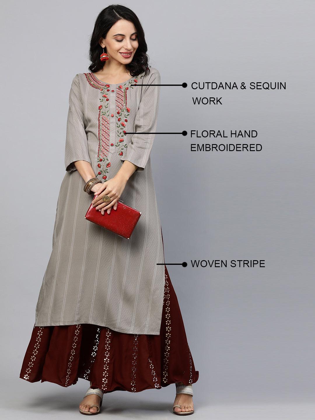 Floral Hand Embroidered Straight Kurta - Stone Grey - Indiakreations