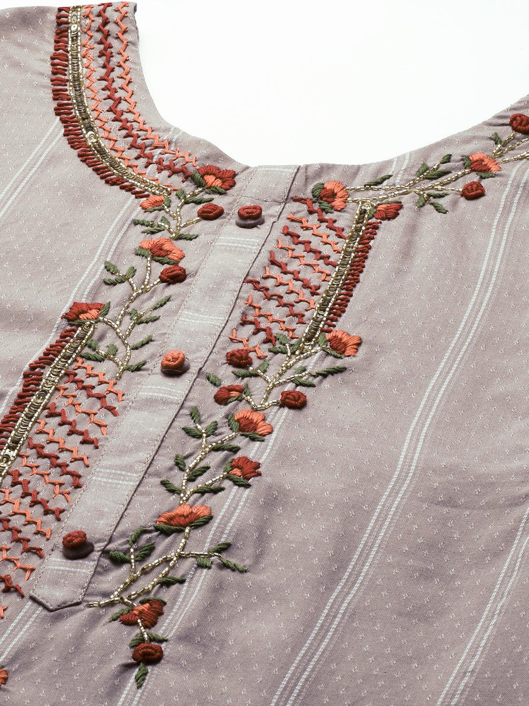 Floral Hand Embroidered Straight Kurta - Stone Grey - Indiakreations