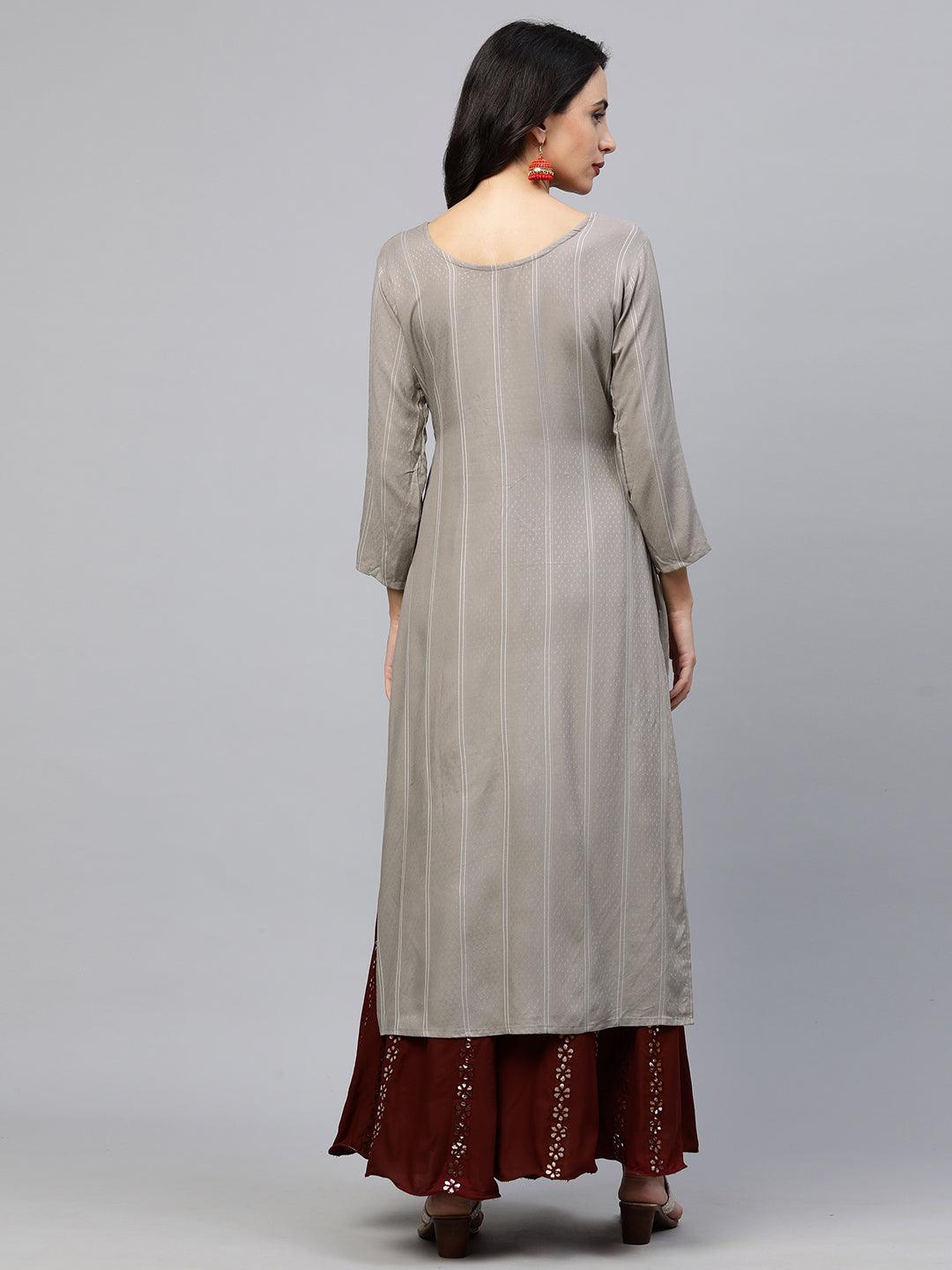 Floral Hand Embroidered Straight Kurta - Stone Grey - Indiakreations