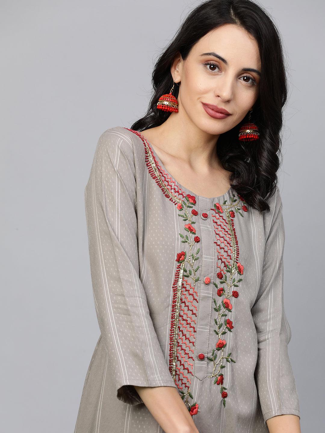 Floral Hand Embroidered Straight Kurta - Stone Grey - Indiakreations