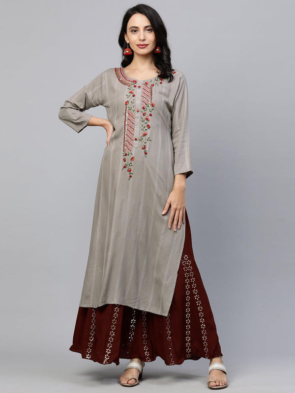 Floral Hand Embroidered Straight Kurta - Stone Grey - Indiakreations