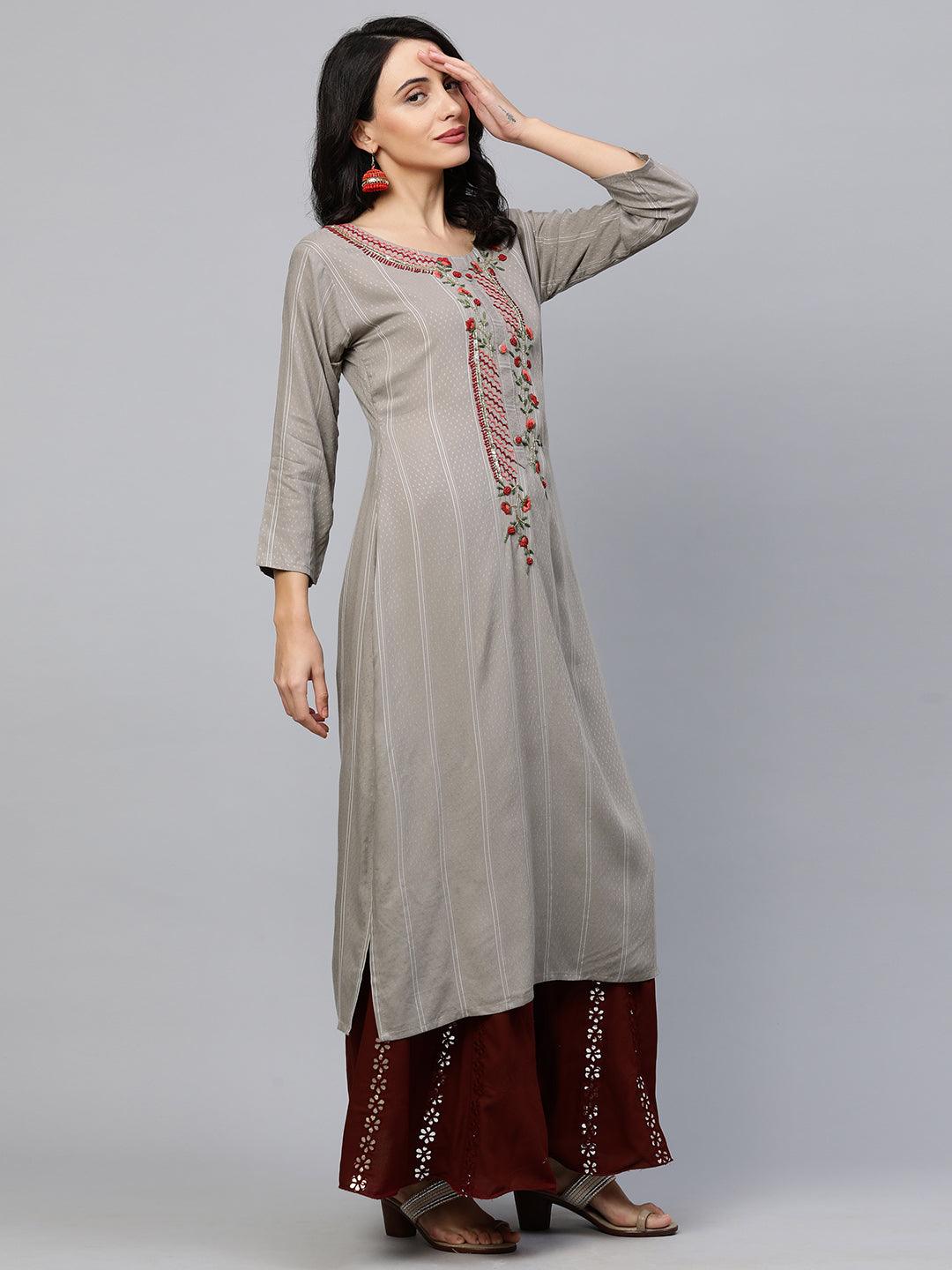 Floral Hand Embroidered Straight Kurta - Stone Grey - Indiakreations