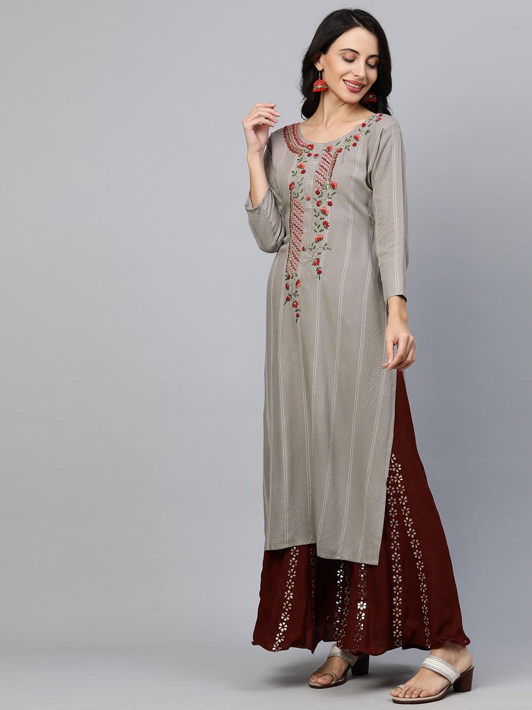 Floral Hand Embroidered Straight Kurta - Stone Grey - Indiakreations