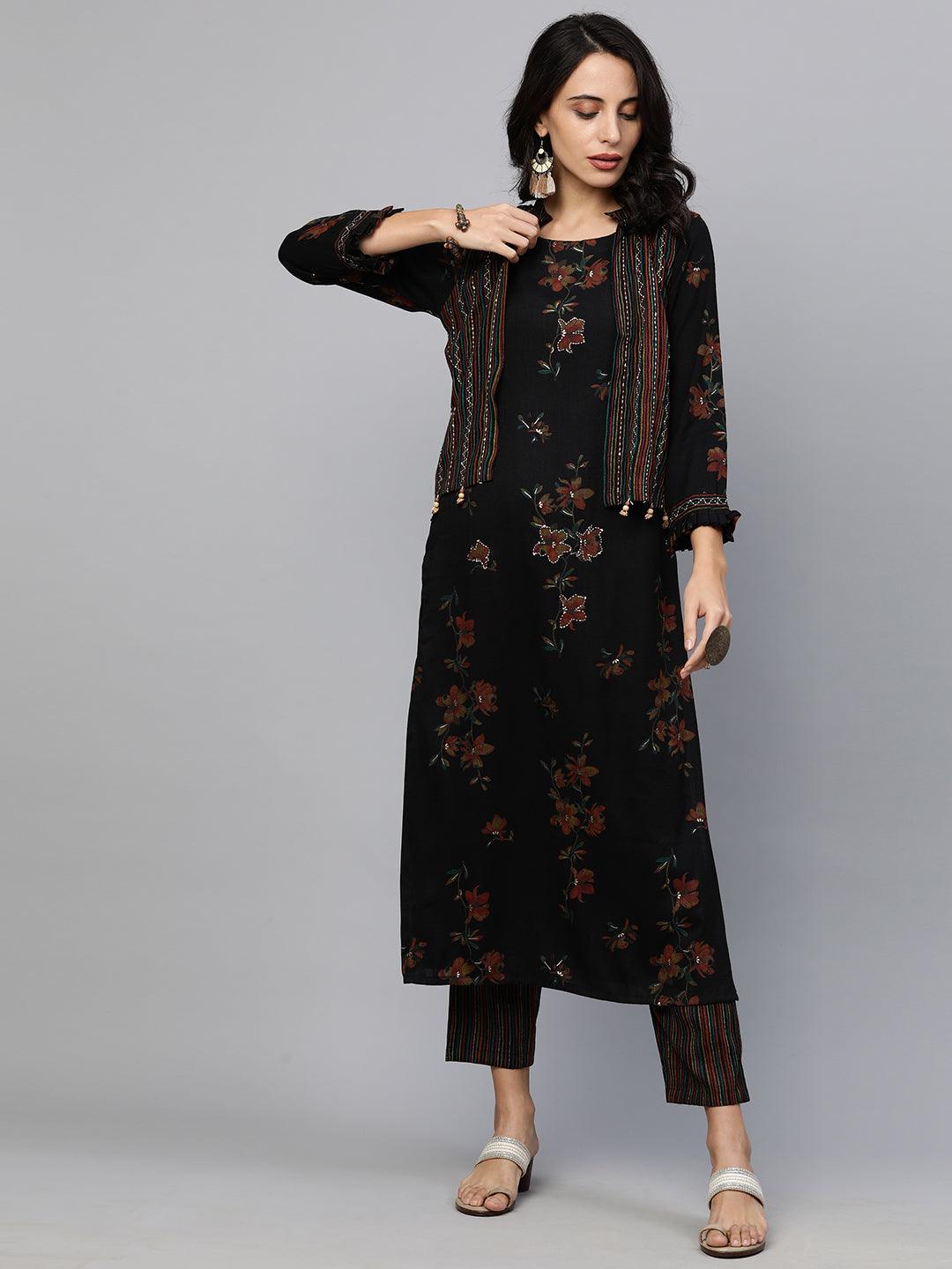 Floral Printed Kurta with Printed pants & Jacket - Black - Indiakreations