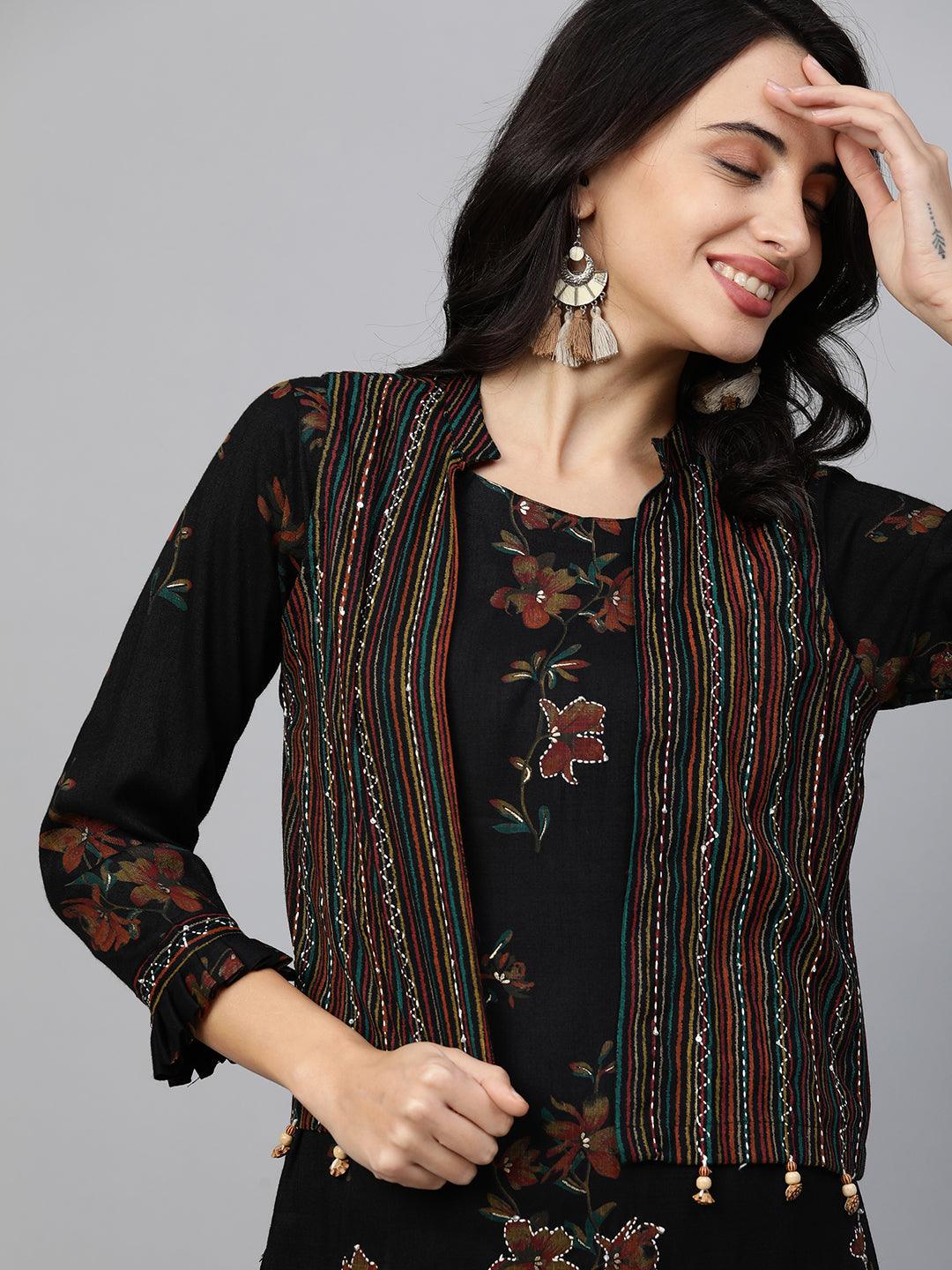 Floral Printed Kurta with Printed pants & Jacket - Black - Indiakreations