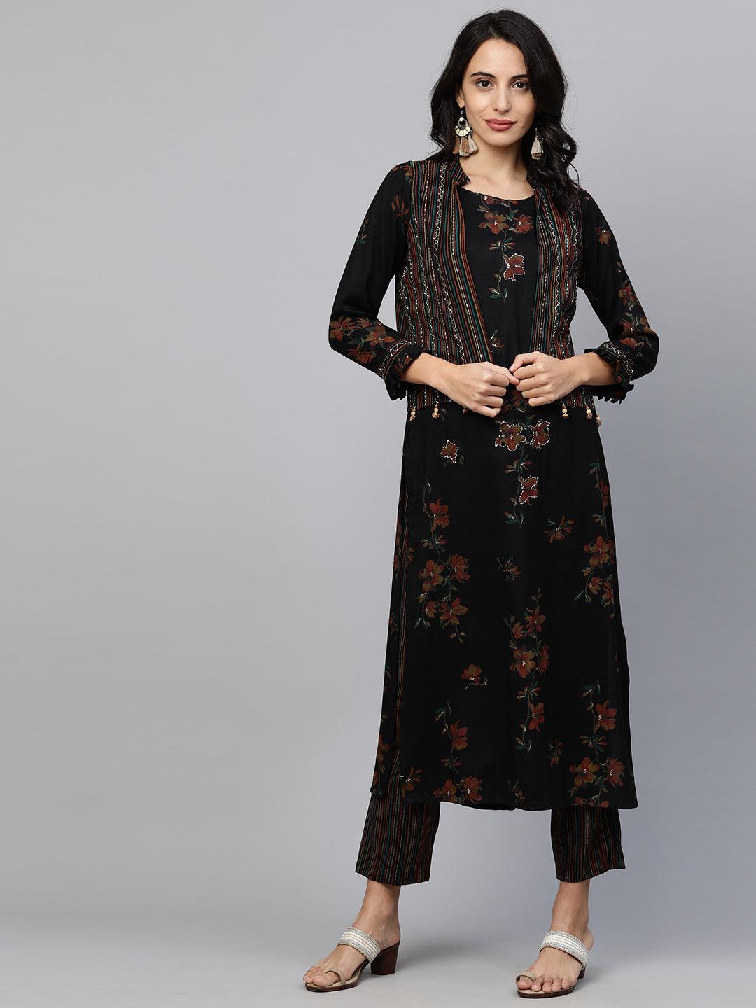 Floral Printed Kurta with Printed pants & Jacket - Black - Indiakreations