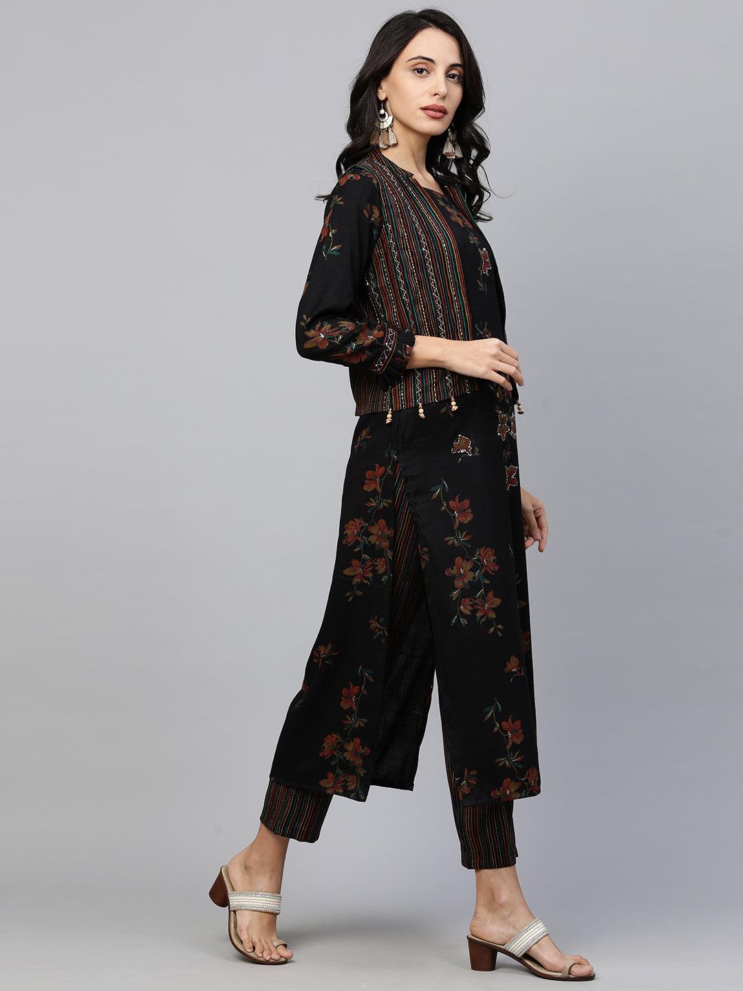 Floral Printed Kurta with Printed pants & Jacket - Black - Indiakreations