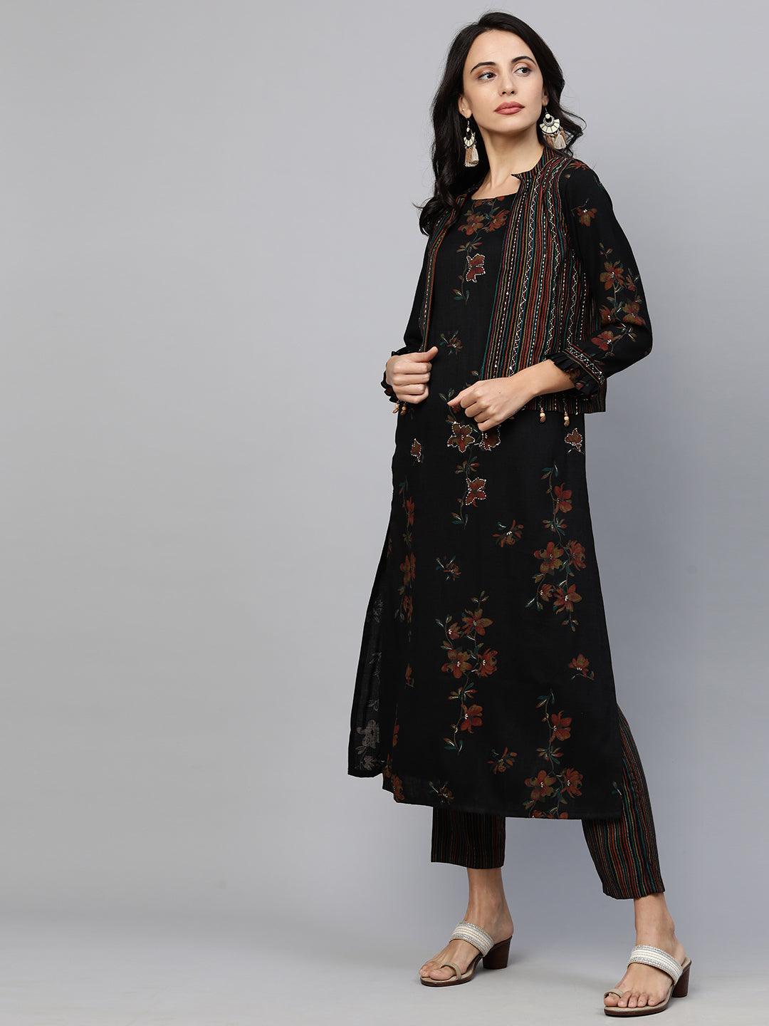 Floral Printed Kurta with Printed pants & Jacket - Black - Indiakreations