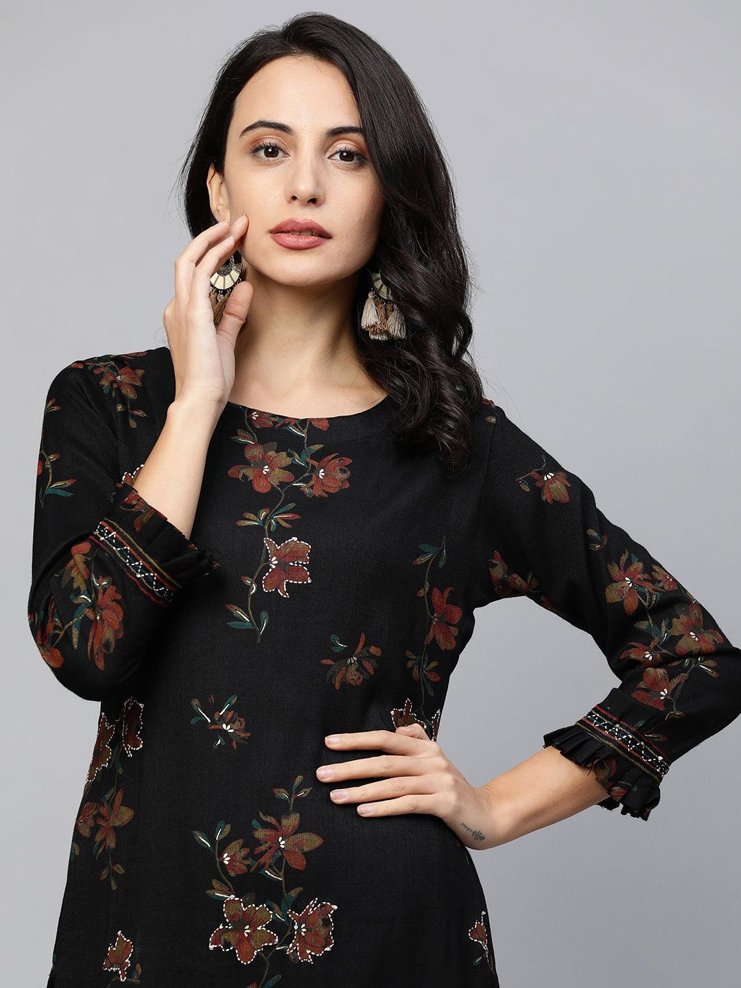 Floral Printed Kurta with Printed pants & Jacket - Black - Indiakreations