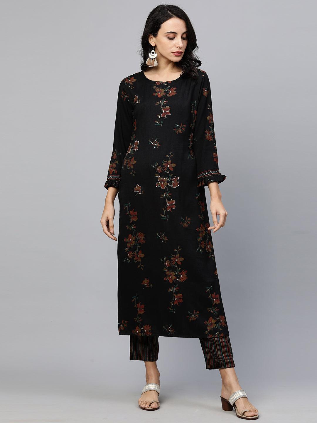 Floral Printed Kurta with Printed pants & Jacket - Black - Indiakreations