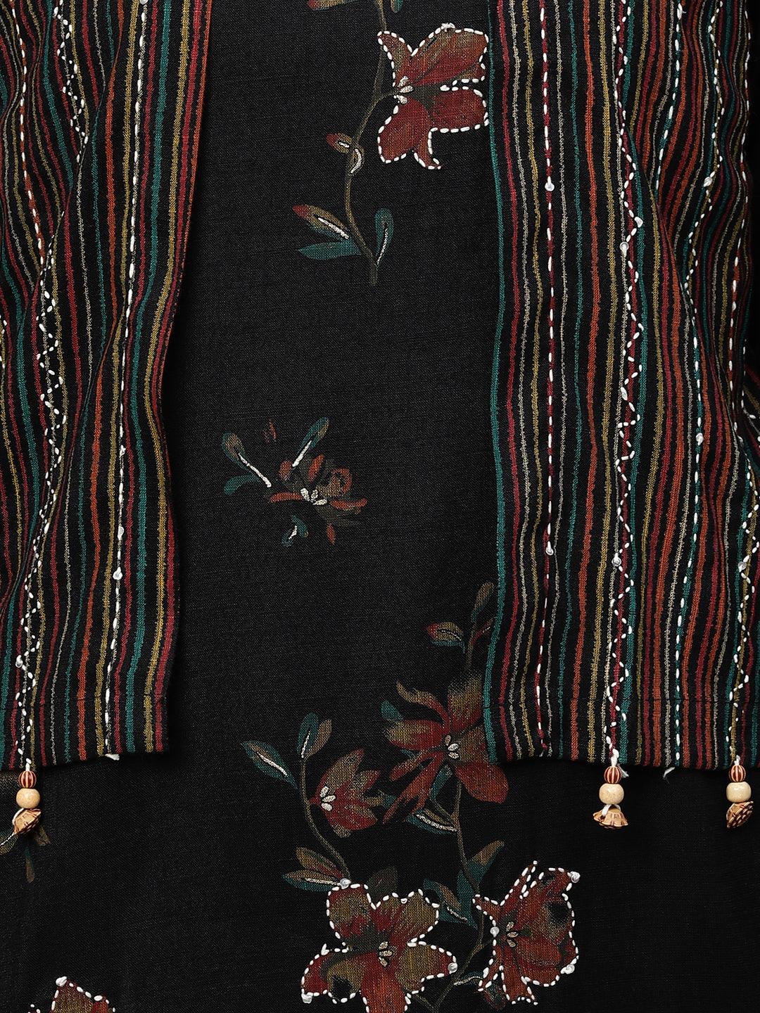 Floral Printed Kurta with Printed pants & Jacket - Black - Indiakreations