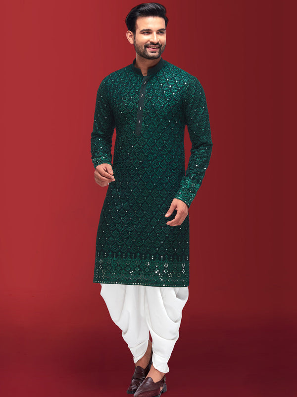 Stunning Heavy Embroidery Mirror Work Kurta in Royal Green