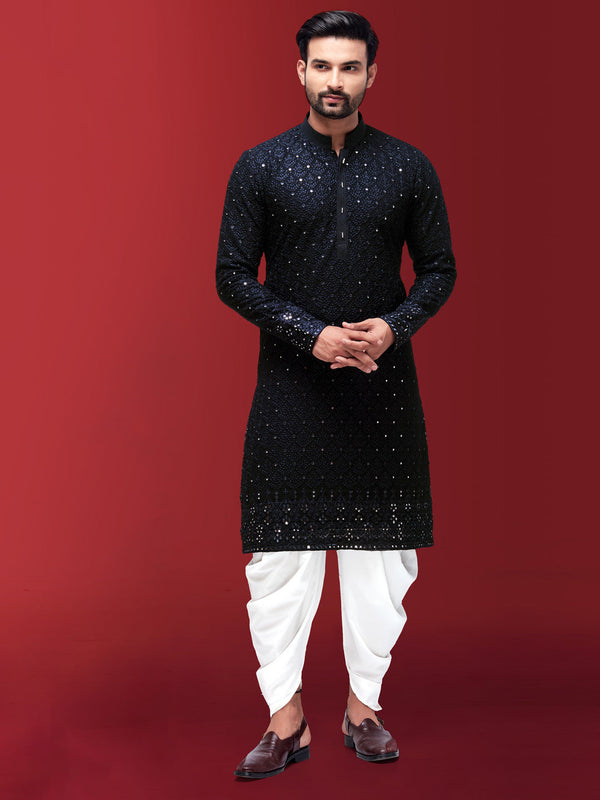 Men Black Floral Embroidered Mirror Work Kurta