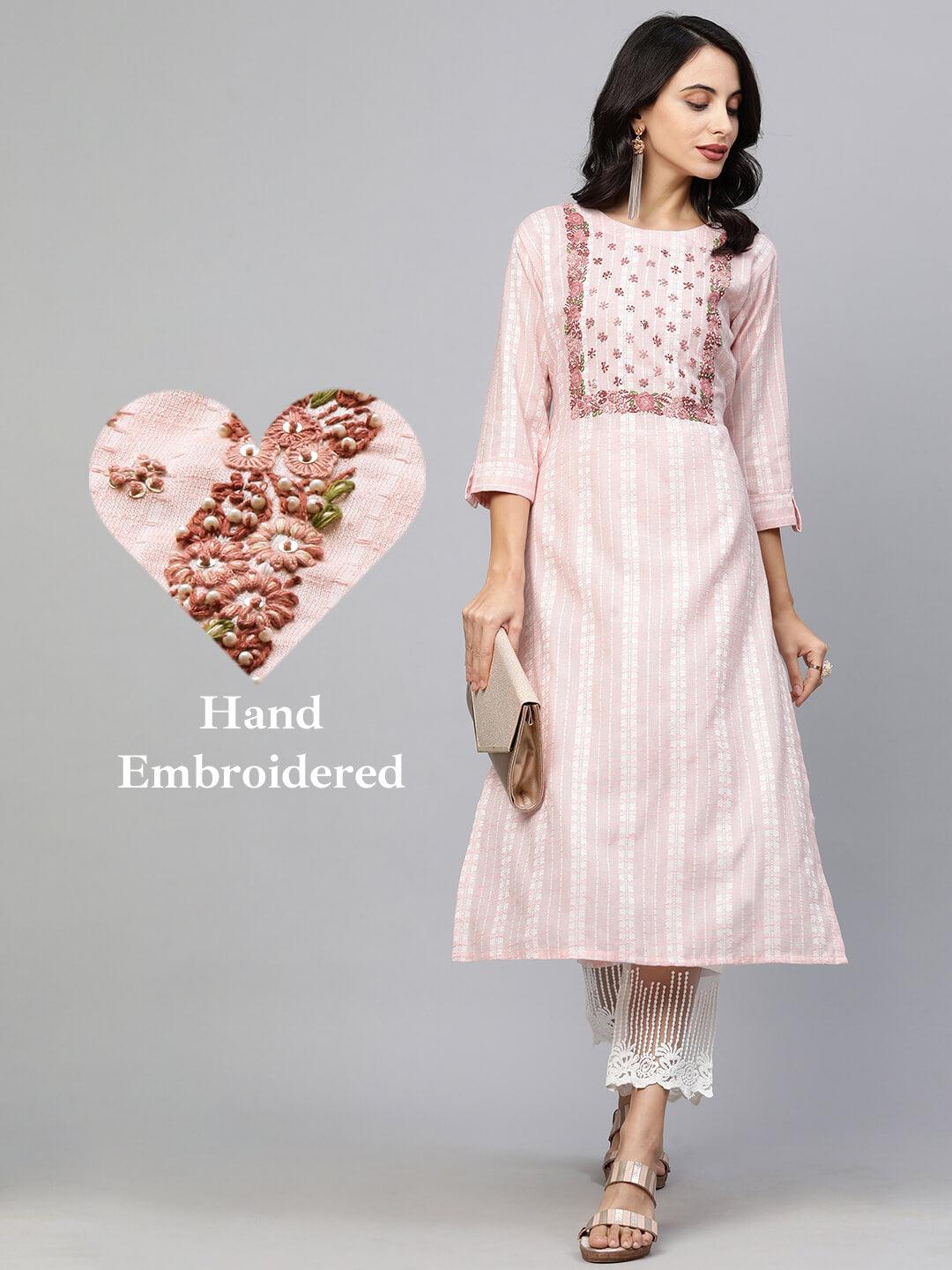 Woven Floral Striped & Embroidered Kurta - Pastel Peach - Indiakreations