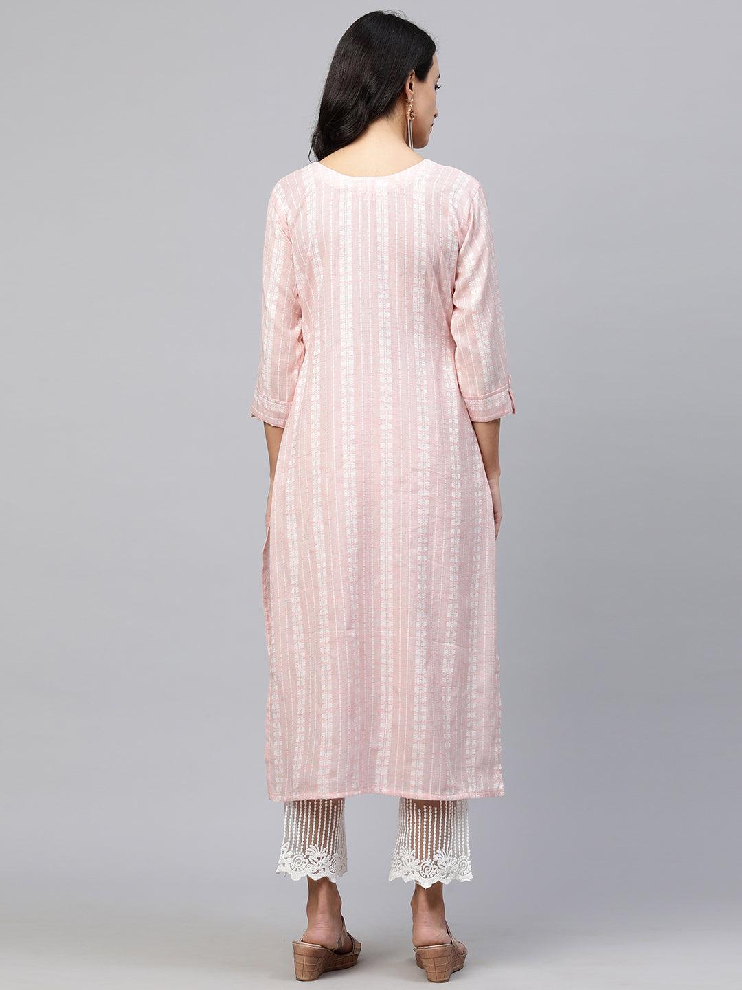 Woven Floral Striped & Embroidered Kurta - Pastel Peach - Indiakreations