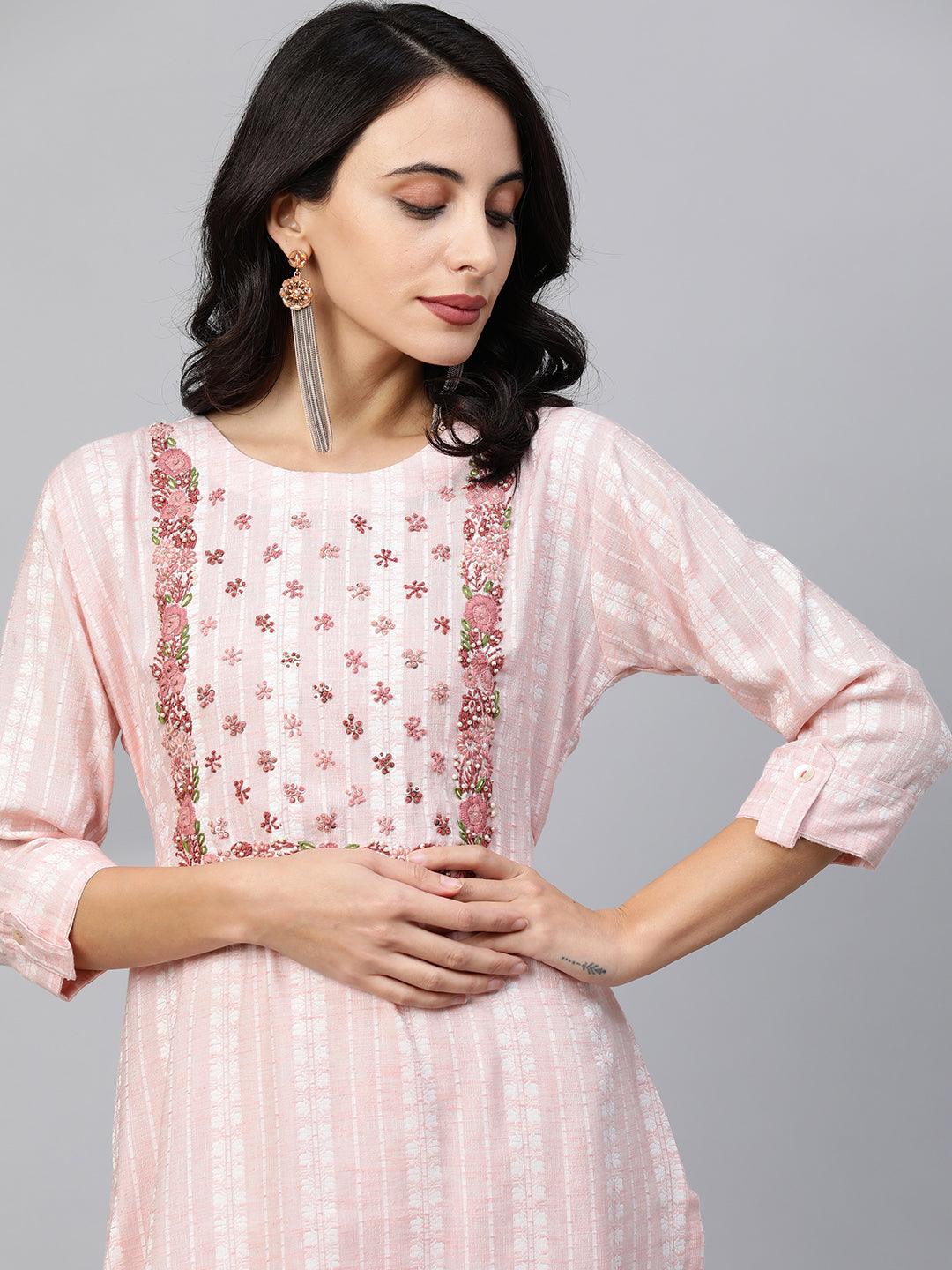 Woven Floral Striped & Embroidered Kurta - Pastel Peach - Indiakreations