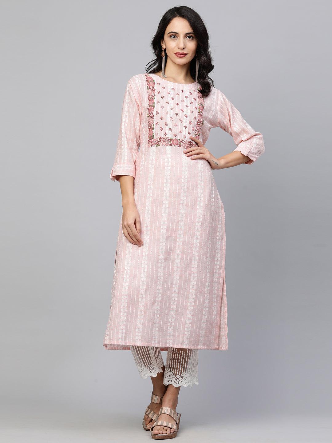 Woven Floral Striped & Embroidered Kurta - Pastel Peach - Indiakreations