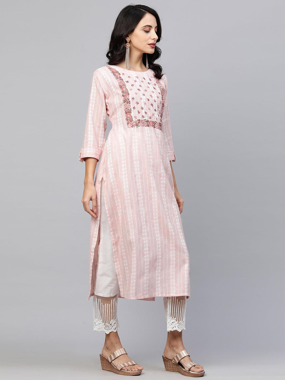 Woven Floral Striped & Embroidered Kurta - Pastel Peach - Indiakreations