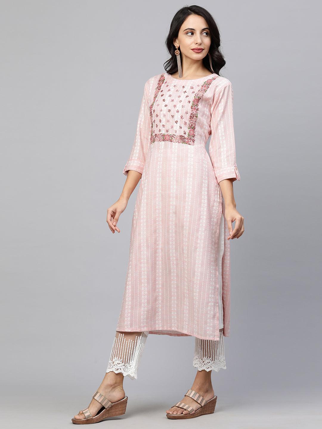 Woven Floral Striped & Embroidered Kurta - Pastel Peach - Indiakreations