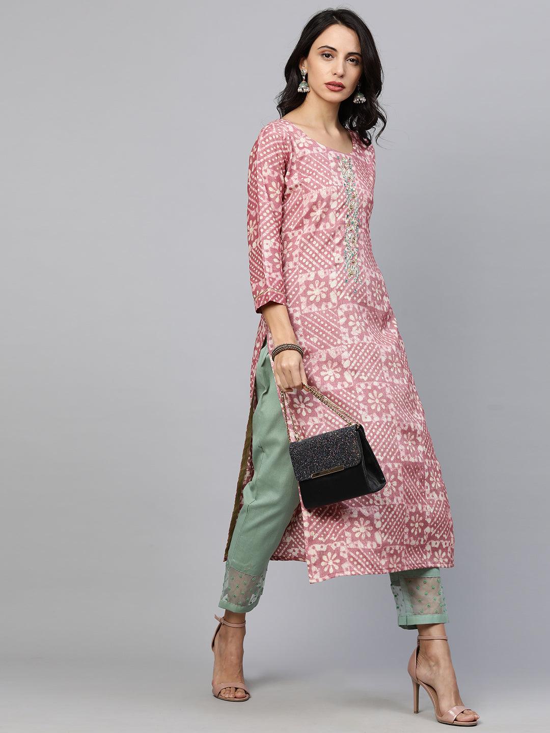 Ethnic Printed & Embroidered Straight Kurta - Rose Dawn - Indiakreations