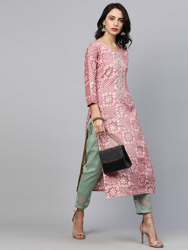 Ethnic Printed & Embroidered Straight Kurta - Rose Dawn - Indiakreations