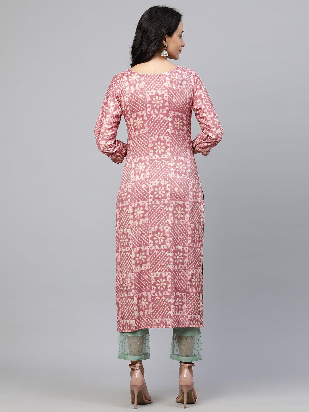 Ethnic Printed & Embroidered Straight Kurta - Rose Dawn - Indiakreations