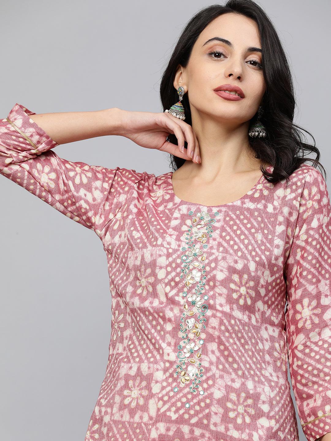 Ethnic Printed & Embroidered Straight Kurta - Rose Dawn - Indiakreations