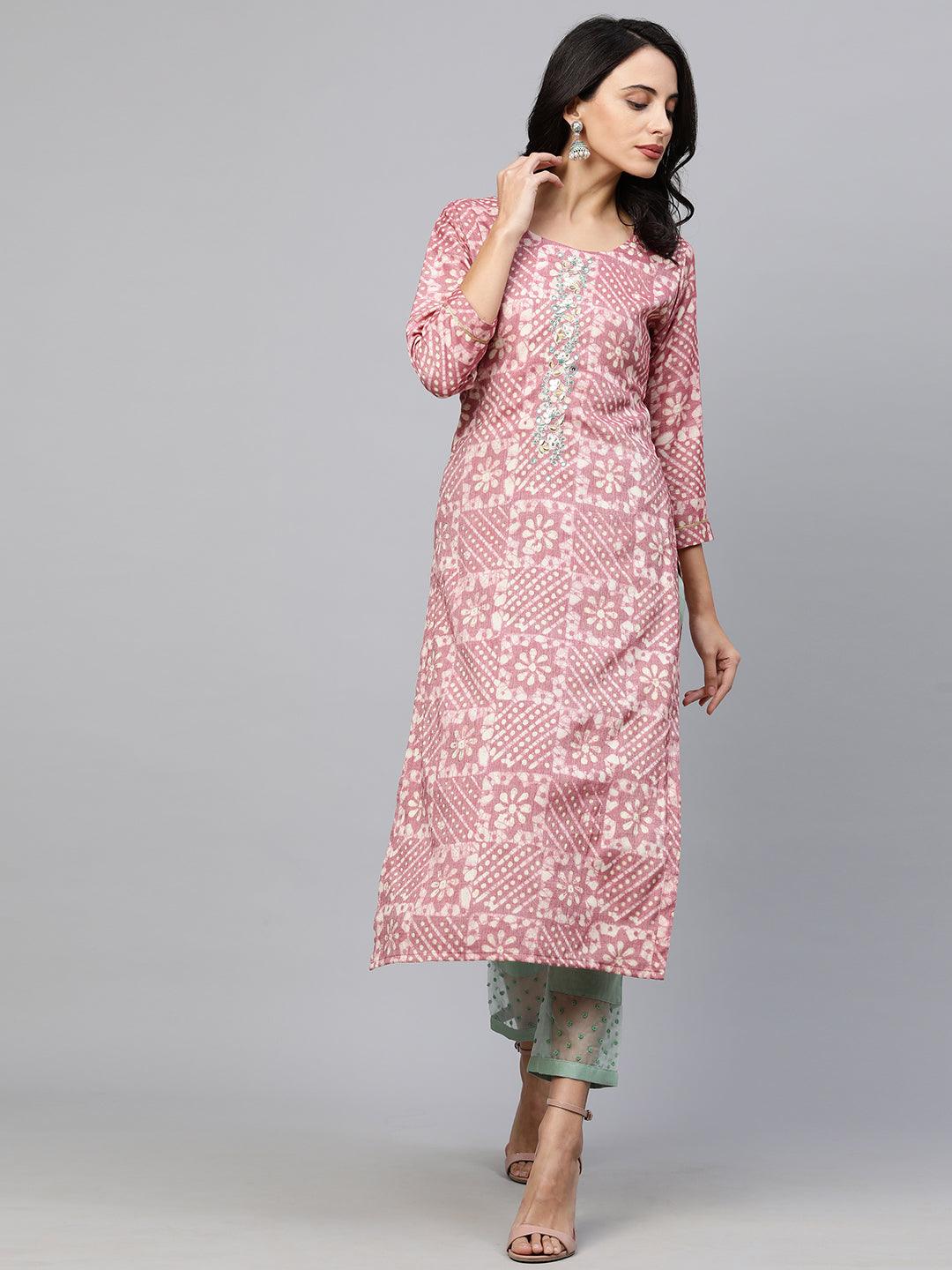 Ethnic Printed & Embroidered Straight Kurta - Rose Dawn - Indiakreations