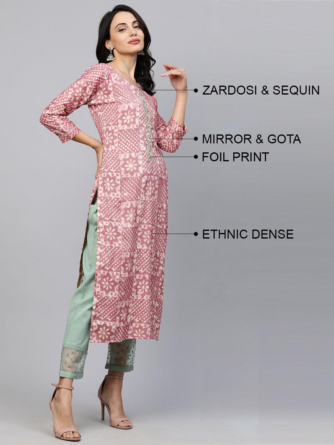 Ethnic Printed & Embroidered Straight Kurta - Rose Dawn - Indiakreations